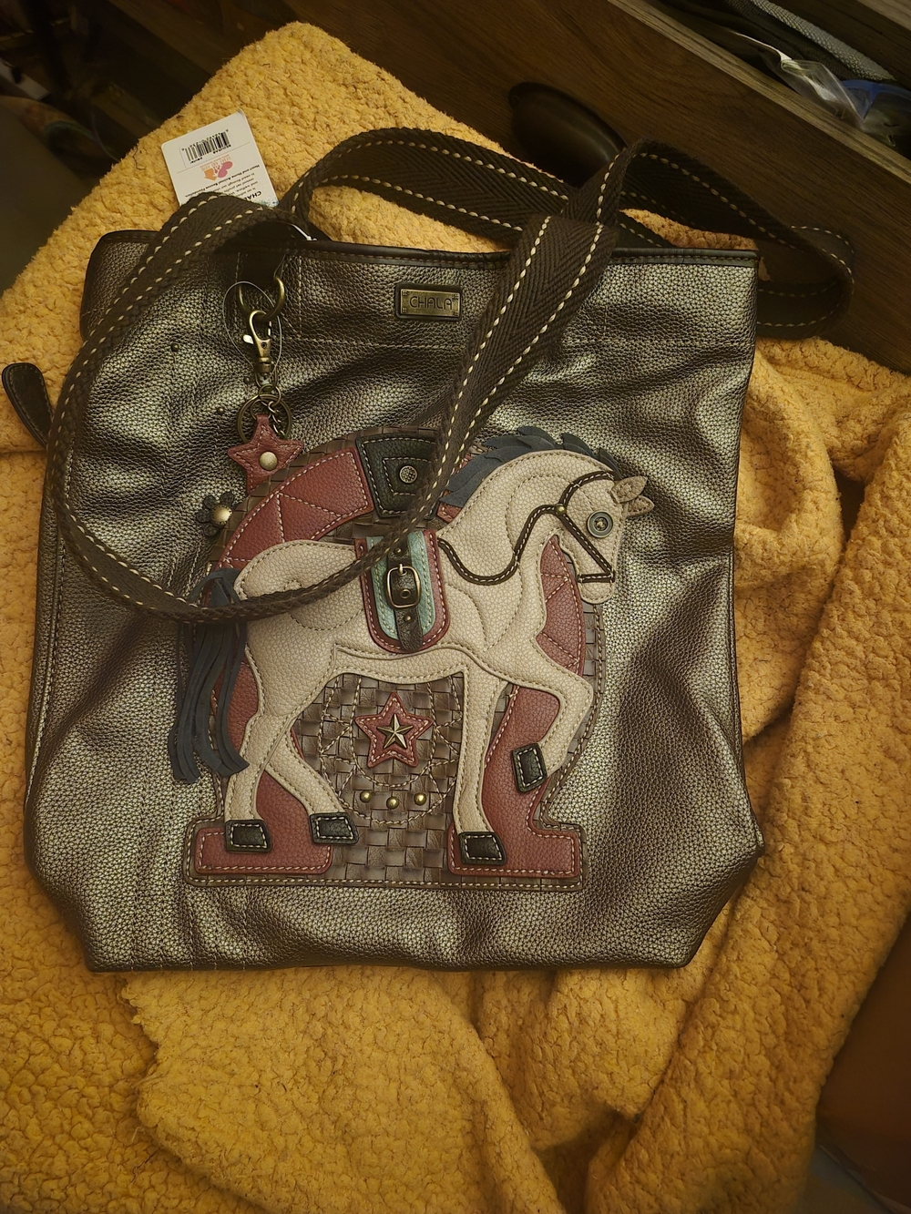 Chala Brown Leather Tote with Carousel Horse Applique